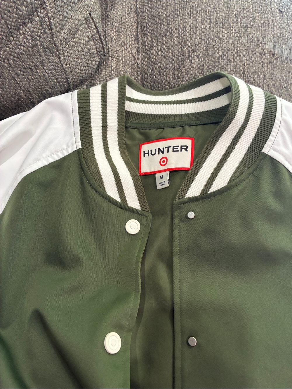 Hunter Olive Green and White Varsity Bomber Jacket